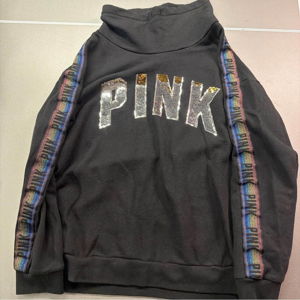 Victoria Secret PINK Rainbow Bling Sequin Sweatshirt Colorful Funnel Neck XL‎